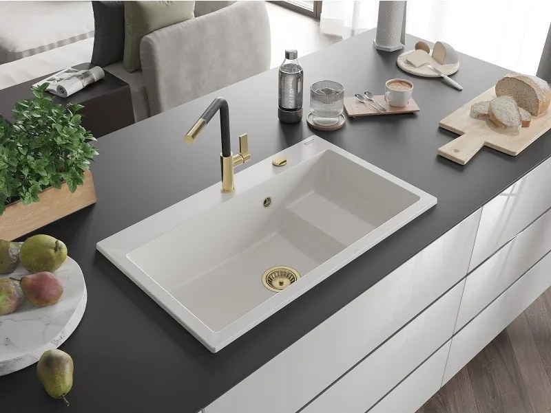Mexen Omar chiuvetă de granit cu 1 compartiment 800 x 480 mm, alb, sifon auriu - 6520801005-20-G