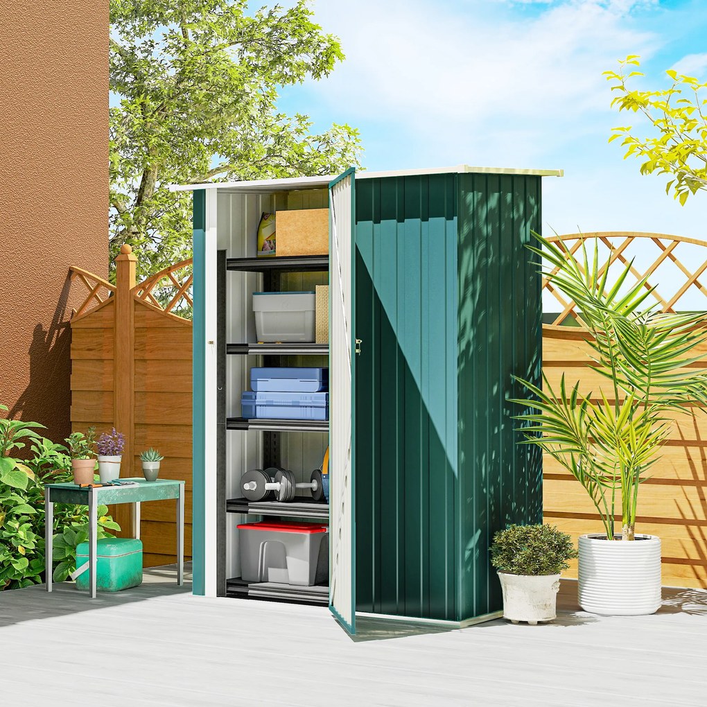 Outsunny Magazie de Grădină 1.07m² din Oțel Zincat, Căsuță pentru Depozitare cu Ușă Blocabilă, Acoperiș Înclinat, 142x86x189 cm, Verde | Aosom Romania