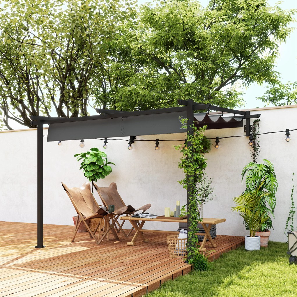 Outsunny Pavilion, 3 x 3 m Pergolă, Acoperiș de terasă rezistent la vânt, Montare pe perete, Acoperiș ajustabil, pentru grădină, terasă, Gri închis | Aosom Romania