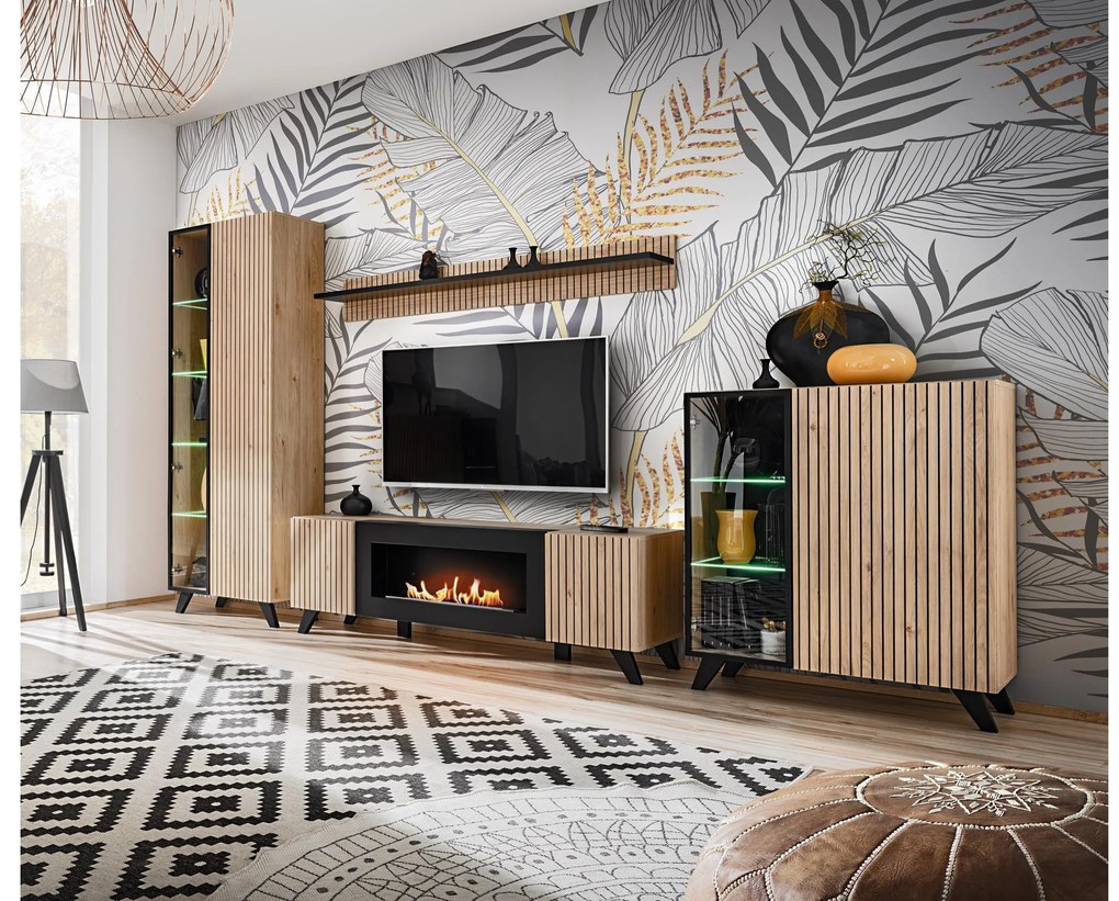 Mobilier living Lyran (hikora jackson + negru (cu iluminat LED) (cu bioșemineu). 1097693