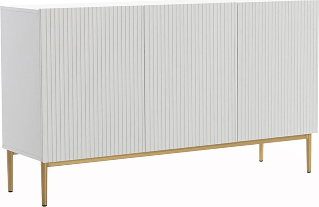 Comodă Nicole 150 cm cu 3 uși, fronturi riflate - alb mat / picioare aurii