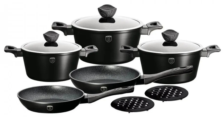 Set oale si tigai marmorate (10 piese) din aluminiu forjat Ebony Dark Gray Collection Berlinger Haus BH 1535