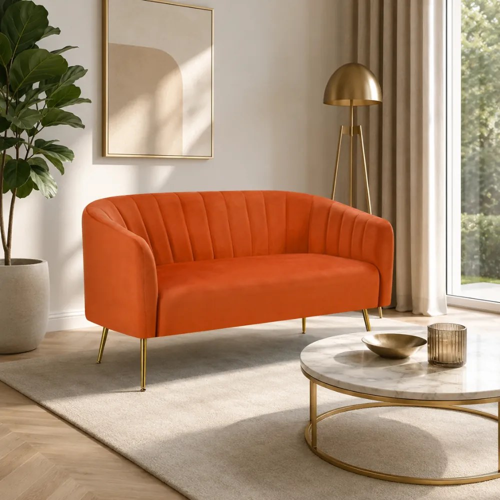Canapea de design cu 2 locuri, ţesătură Velvet teracota/gold crom-auriu, BAGY