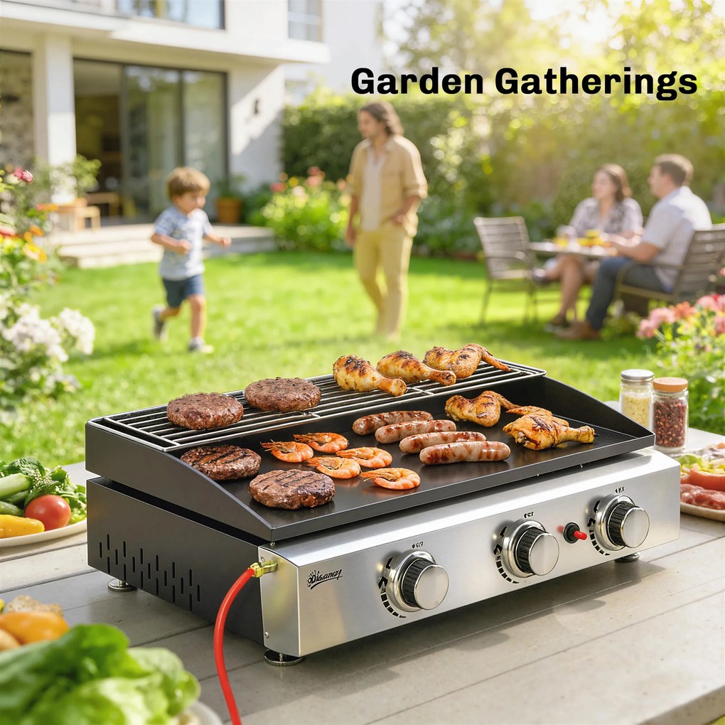 Outsunny Plancha pe gaz din inox, 3 arzătoare, grătar pe gaz cu plită emailată și grilă de menținere la cald, 7,5 kW, 62x44x21cm, Negru | Aosom Romania