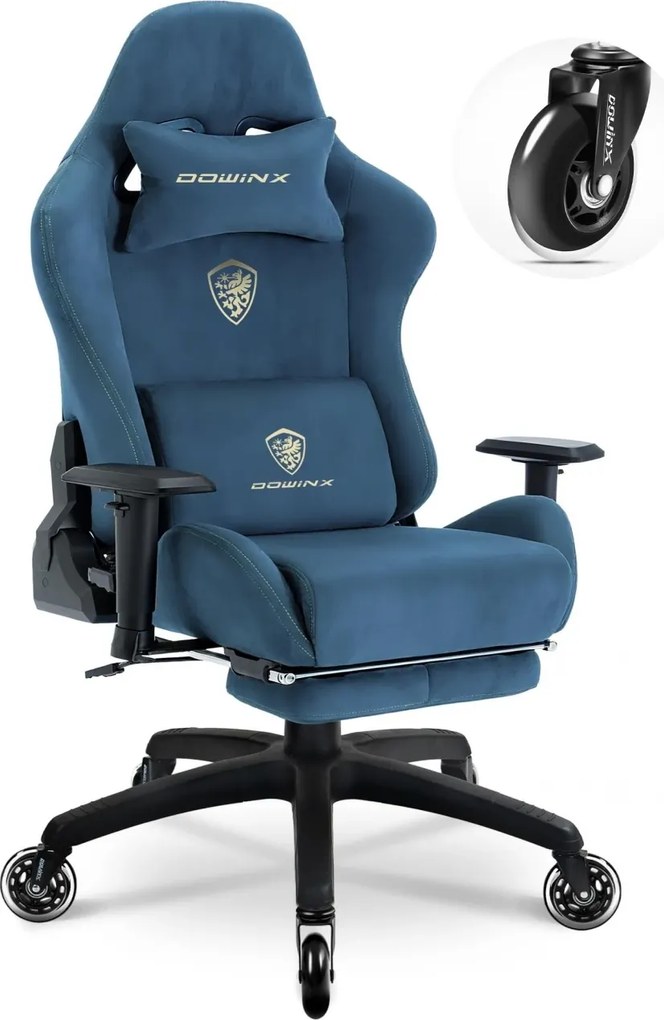 DOWINX 68A - Scaun Gaming Ergonomic, Extra-Lat și Construcție Heavy-Duty, Masaj in perna lombara, Material Textil respirabil, Suport picioare, Roti Silicon, Rezistent 150 kg, Albastru