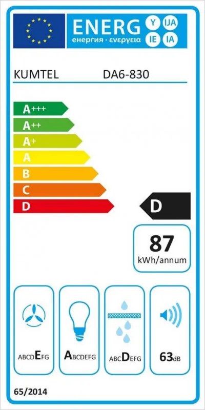 Hota decorativa Kumtel DA6-830-A0A, 650 m³/h, 60 cm, 3 viteze, Comanda mecanica, Panou din sticla, Iluminare LED, Alb