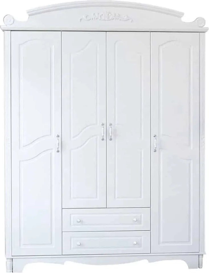 Dulap lemn masiv alb 4 Uși Elizabeth, 189 × 60 × 236 cm