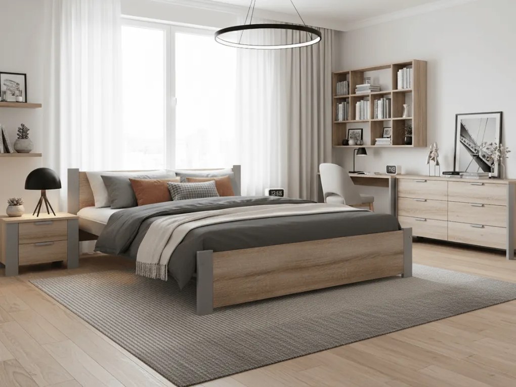 Pat dublu IKAROS 160 x 200 cm, stejar sonoma/gri Saltele: Cu saltele Coco Maxi 20 cm, Somiera pat: Cu lamele drepte
