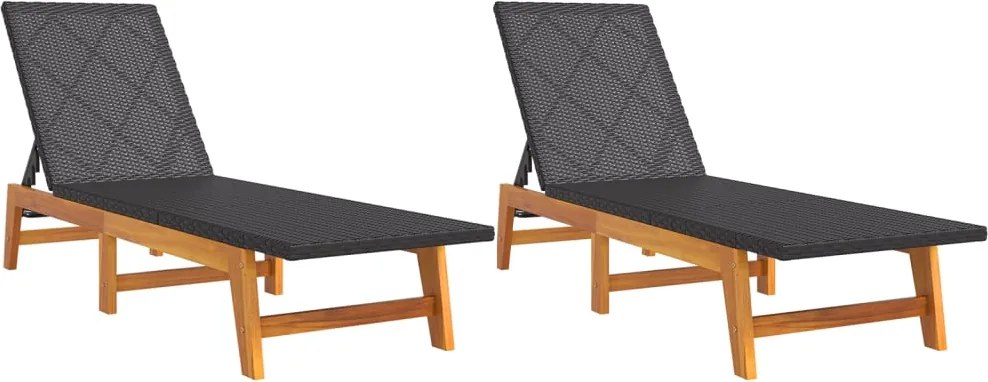 vidaXL Șezlonguri, 2 buc., negru / maro, poliratan & lemn masiv acacia