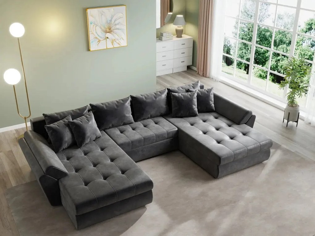 Colțar extensibil dumonde cu ladă de depozitare si sezut confortabil din spuma high-density, Loana U Madagaskar Black 355x185 cm