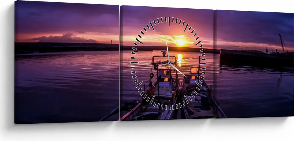 Tablou cu barci pescărești în port (cu ceas) (90x30 cm)