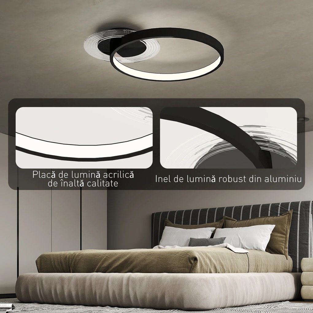 HOMCOM Lampă de tavan LED Modernă de 40W cu 2 Inele și Lumină Reglabilă, Negru | Aosom Romania