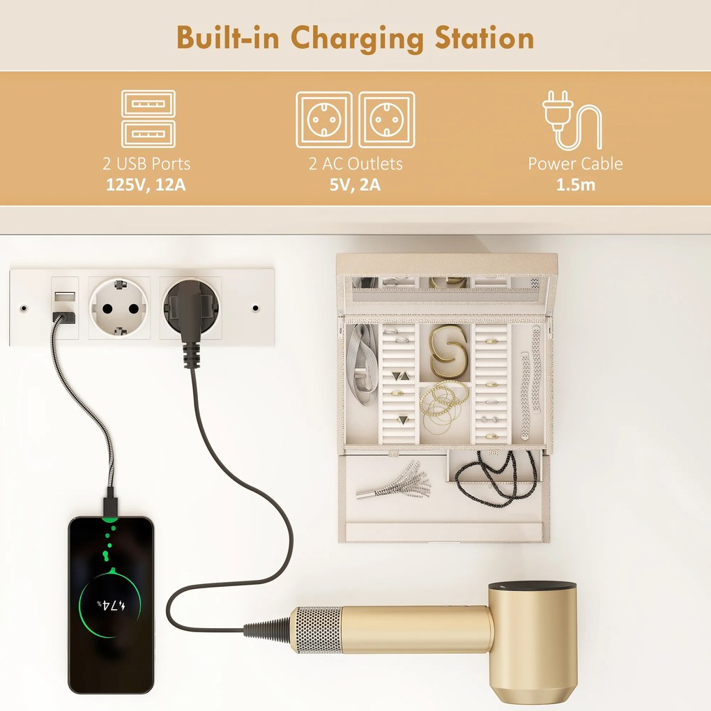 HOMCOM Masă de Toaletă cu Oglindă LED, 6 Sertare și Prize, Birou Modern Alb pentru Dormitor | Aosom Romania