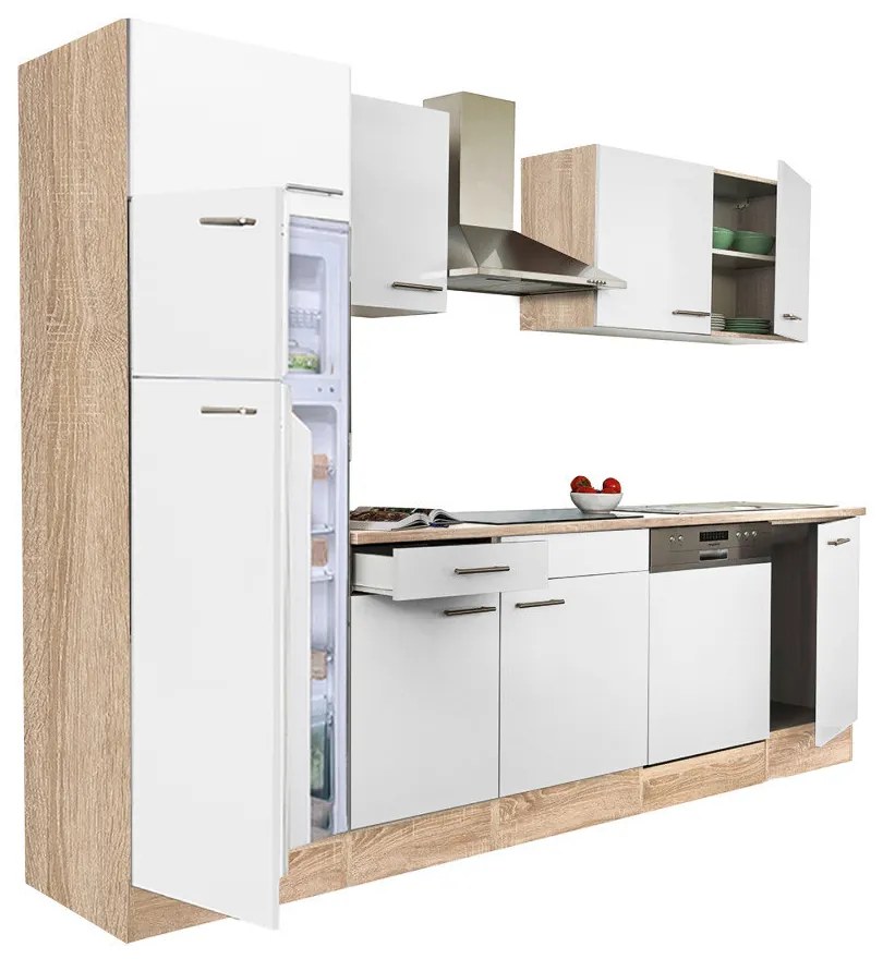Mobilă de bucătărie Yorki 280, corp din stejar sonoma, față alb satinat, frigider cu congelator superior