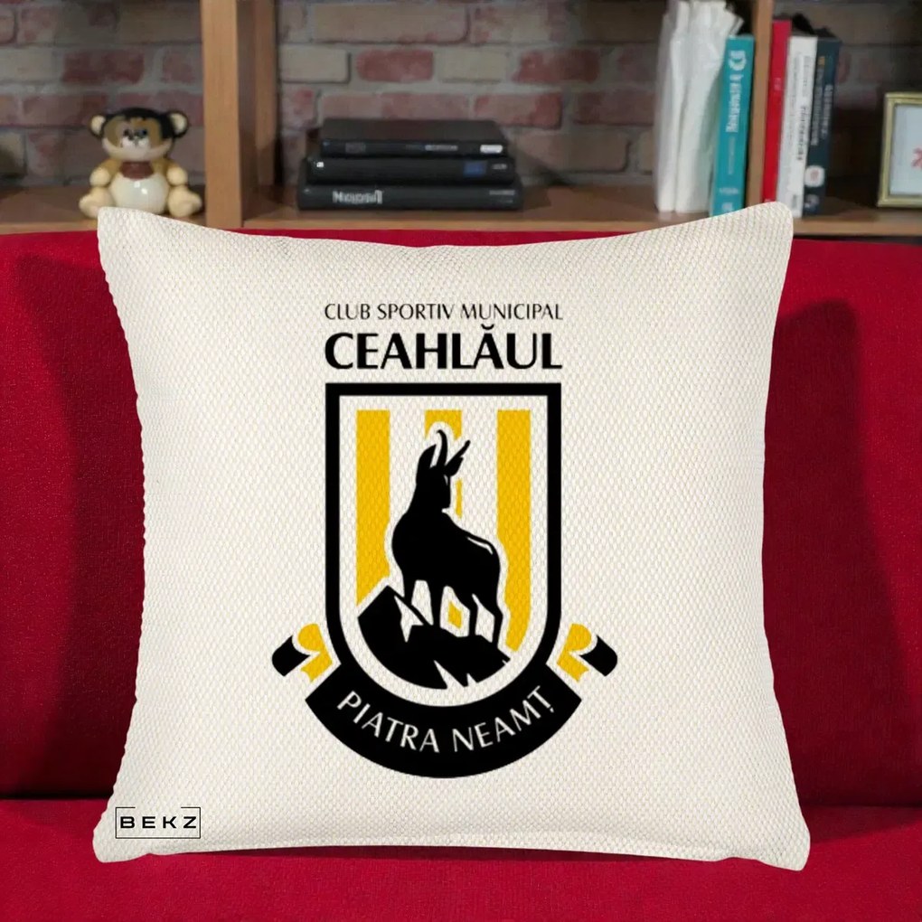 Perna Personalizata CSM Ceahlaul Piatra Neamt Fotbal, 40x40 cm, Crem Reliefat, Husa Detasabila, Perna Inclusa, BEKZ®