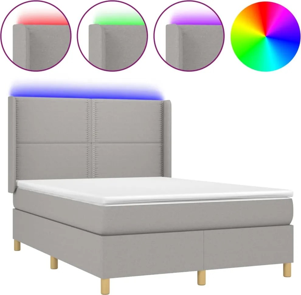 vidaXL Pat cu arcuri, saltea și LED, gri deschis, 140x200 cm, textil