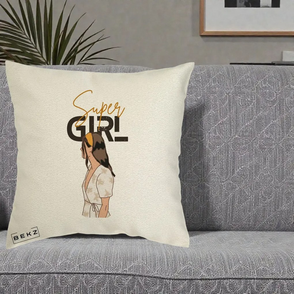 Perna Decorativa Super Girl Aesthetic, 40x40 cm, Ecru, Husa Detasabila, Perna Inclusa, BEKZ®