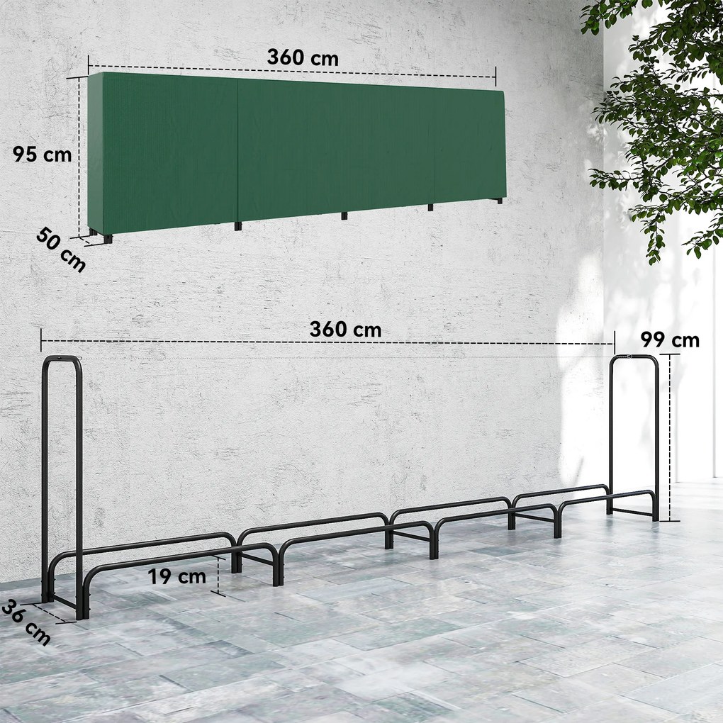 Outsunny Suport pentru Lemne 1 m³, Reglabil, cu Husă Impermeabilă din PE, Metal, 360 x 36 x 99 cm, Negru și Verde Închis | Aosom Romania