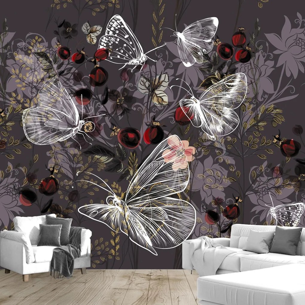 Fototapet - Fluturi vintage cu flori, mov (147x102 cm)