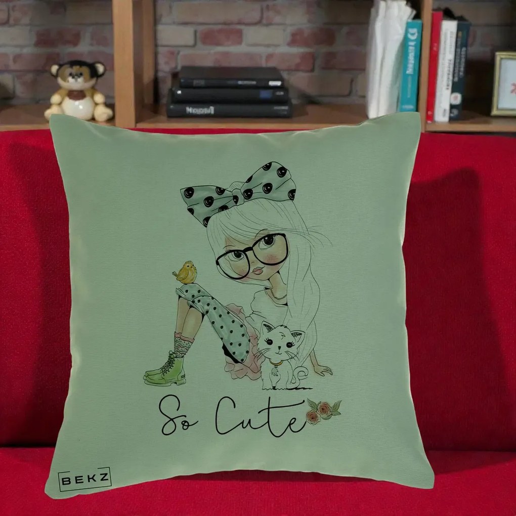Perna Decorativa So Cute Fata Fashion, 40x40 cm, Verde, Husa Detasabila, Perna Inclusa, BEKZ®