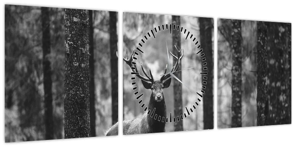 Tablou - Căprioare in pădure 2,alb-negru (cu ceas) (90x30 cm)