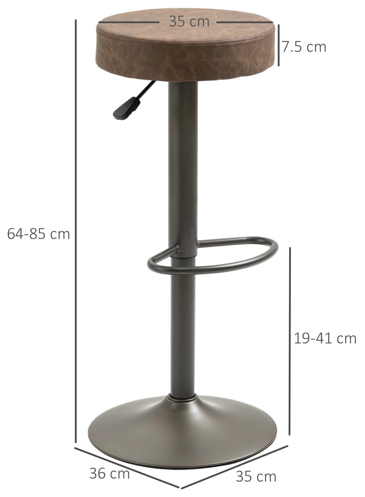 HOMCOM Set 2 Scaune de Bar, Scaune de Bucătărie Pivotante, Înălțime Reglabilă, 35x36x64-85 cm, Maro | Aosom Romania