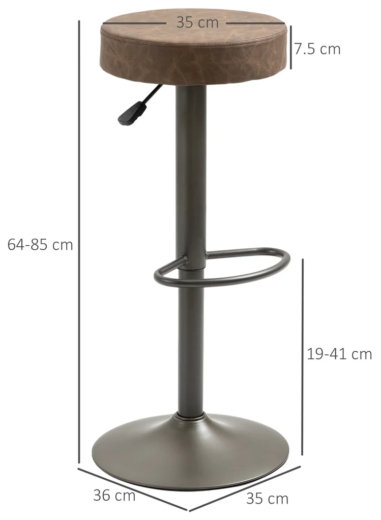 HOMCOM Set 2 Scaune de Bar, Scaune de Bucătărie Pivotante, Înălțime Reglabilă, 35x36x64-85 cm, Maro | Aosom Romania