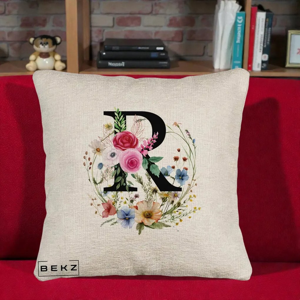 Cadou Personalizat - Perna Personalizata Monogram Litera R cu Flori Acuarela, 40x40 cm, Bej Canapea, Husa Detasabila, Perna Inclusa, BEKZ®