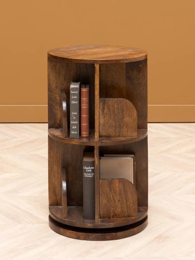 Bibliotecă rotativă maro din lemn masiv de mango, cu 2 rafturi și 8 compartimente, 67 x 39 cm, „Victor”