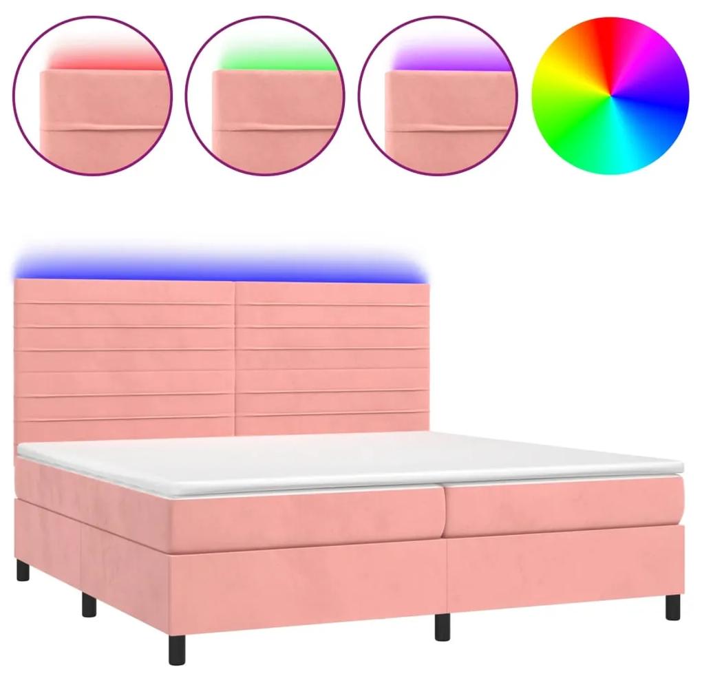Pat continental cu saltea  LED, roz, 200x200 cm, catifea Roz, 200 x 200 cm, Benzi orizontale