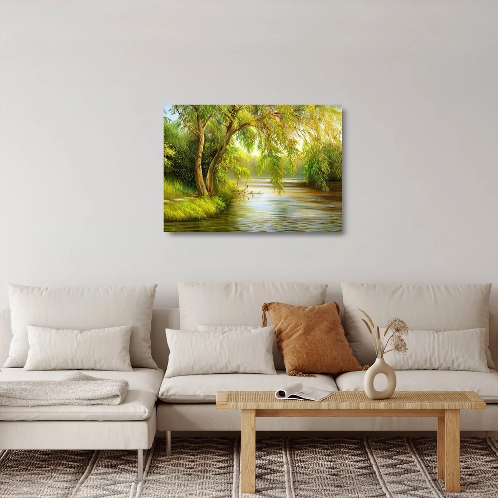 Tablou pe sticlă - Salcie lângă lac, pictură în ulei (70x50 cm)