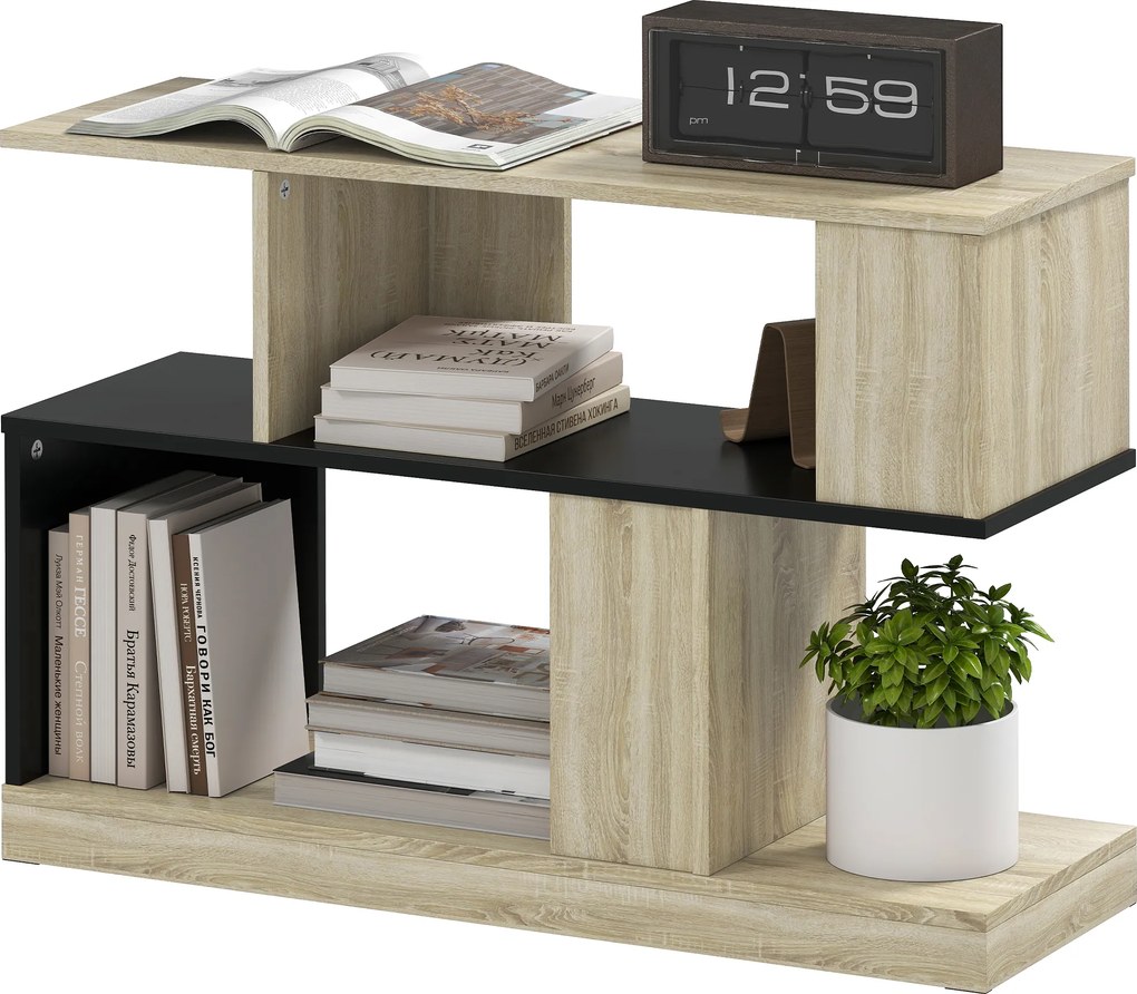 HOMCOM Măsuță laterală în formă de S, măsuță de canapea cu 3 niveluri și rafturi de depozitare, 90 x 30 x 61 cm, efect lemn natural negru | Aosom Romania