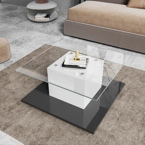 Măsuță de cafea modernă din sticlă lucioasă cu bandă LED reglabilă și roți pivotante, 80×80×40 cm, Alb+Negru