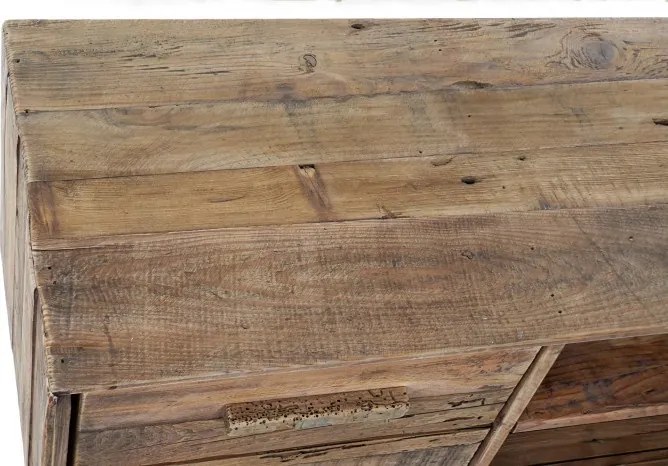 Comodă TV living din lemn reciclat, natur, cu 4 sertare, nișă deschisă cu raft și picioare oblice, 48 x 130 x 40 cm, „Rustin”