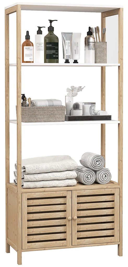 HOMCOM Mobilier Baie cu 3 Rafturi, mobilier de baie din Bambus, 63x30x138 cm, Alb | Aosom Romania