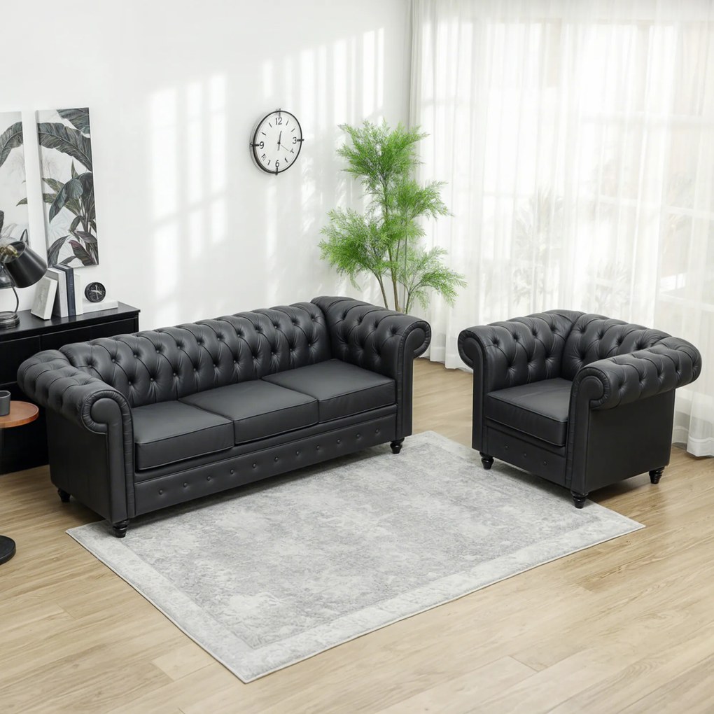 HOMCOM Canapea cu 3 Locuri, Brațe și Tapițerie Groasă, 213x86x79 cm, Negru | Aosom Romania