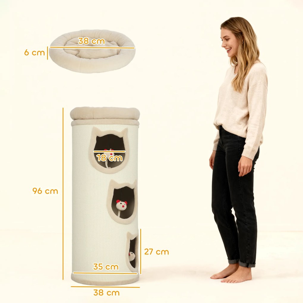 PawHut Turn de zgâriet pentru pisici de 96 cm înălțime, cu 3 căsuțe și un culcuș superior detașabil și lavabil, crem | Aosom Romania