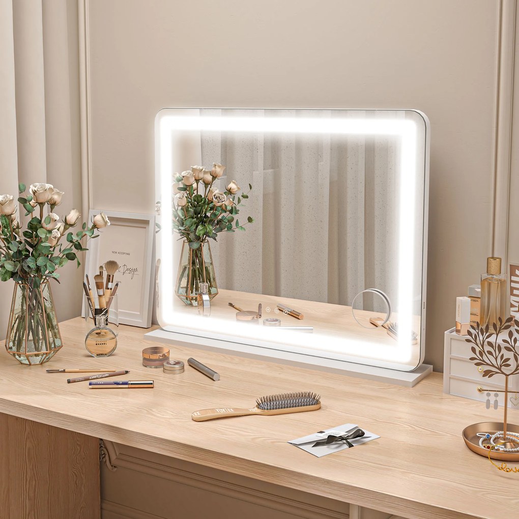 HOMCOM Oglindă de Machiaj cu Lumini LED în 3 Culori, Oglindă de Perete și Masă cu USB, 80x62x14 cm, Alb | Aosom Romania