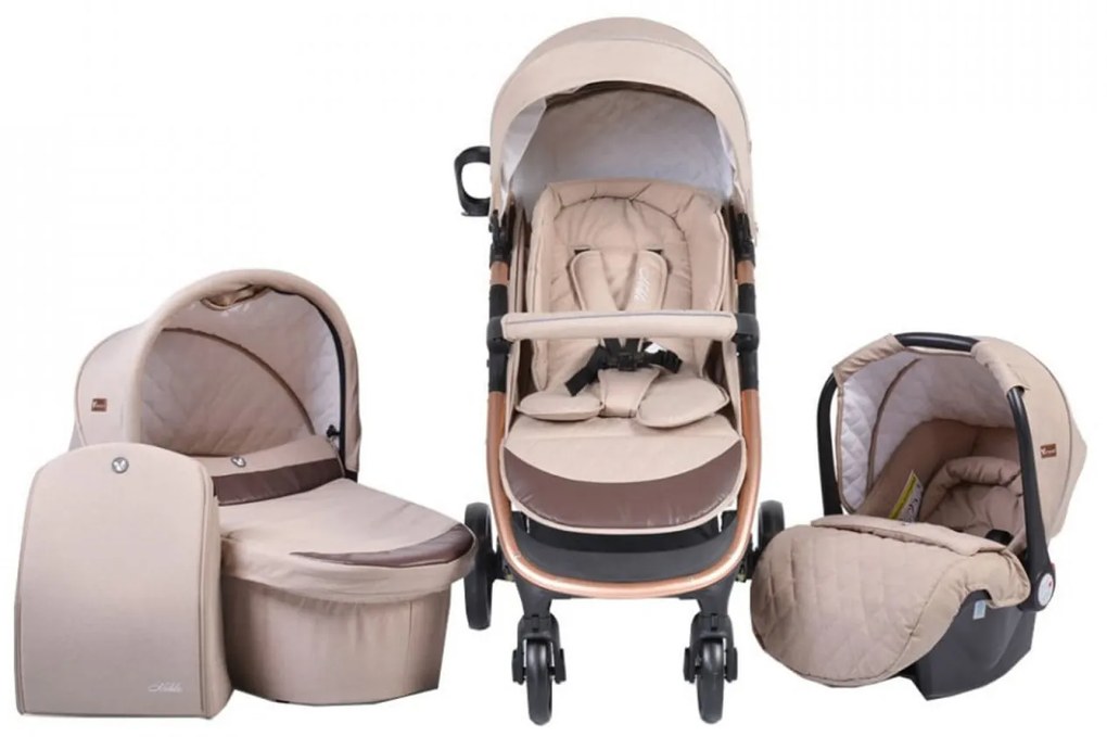 Carucior nou nascuti 3 in 1 NOVOKIDS™ Noble Deluxe, Cadru Aluminiu Gold , Amortizoare, Roti din cauciuc plin AVE, Landou, Scoica auto, Spatar