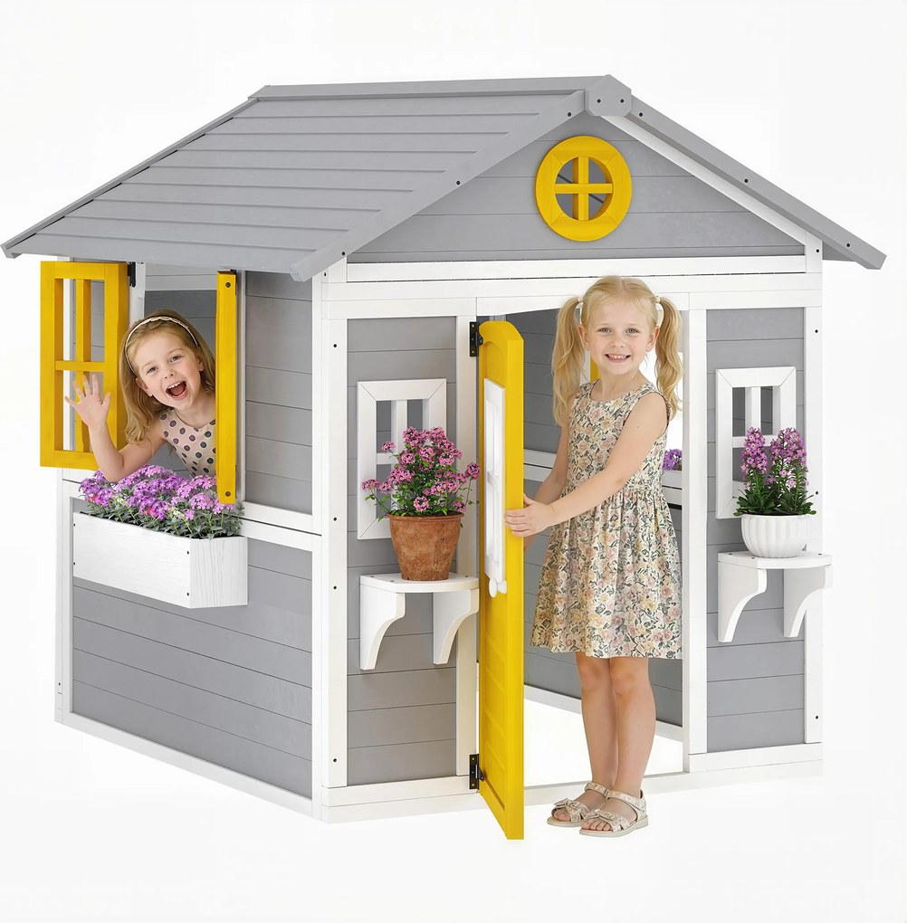 Outsunny Căsuță pentru Copii din Lemn, Exterior și Interior, cu Ușă, Ferestre, Jardiniere și Suporturi pentru Flori, Gri | Aosom Romania
