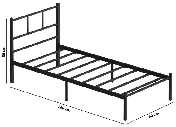 Pat metalic ROVAN 90 x 200 cm pentru o persoană, negru, sarcină maximă 120 kg