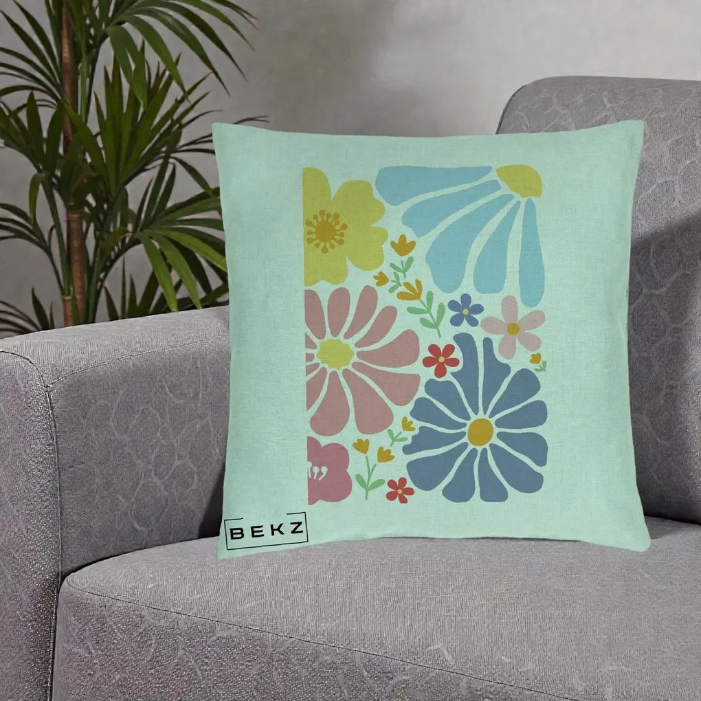 Perna decorativa cu flori: Flori Grafice Pastel Multicolor, 40x40 cm cu Umplutura, Verde Menta, BEKZ