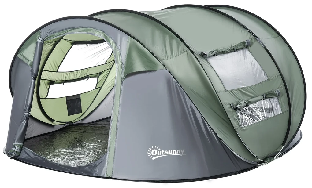 Outsunny Cort de Camping Pop Up pentru 2 Persoane cu 2 Uși, 4 Ferestre și Înveliș Impermeabil, 263.5x220x123 cm, Verde | Aosom Romania