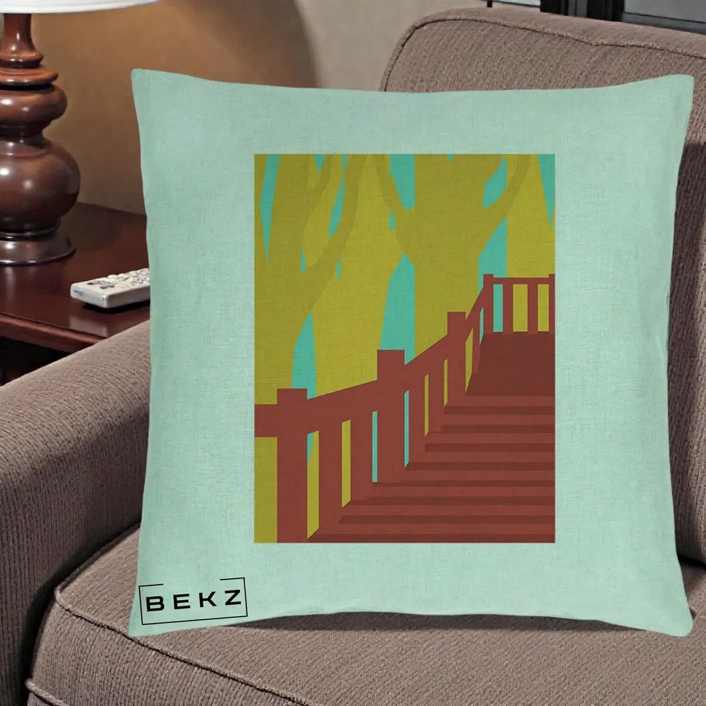 Perna Decorativa Scari Toamna Peisaj Grafic, 40x40 cm, Verde Menta, Husa Detasabila, Perna Inclusa, BEKZ®