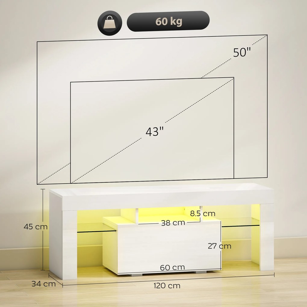 HOMCOM Dulap TV, mobilier TV cu iluminare LED RGB, finisaj ultra-lucios, rafturi din sticlă securizată, 120x34x45cm, alb | Aosom Romania