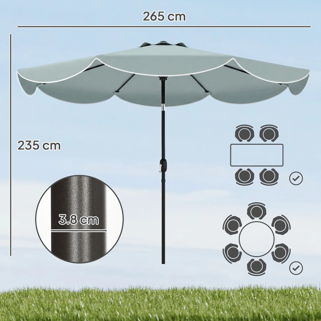 Outsunny Parasol de grădină exterior rotund înclinabil cu 3 poziții cu 8 spițe și faldon, Φ265 x 235 cm, Albastru | Aosom Romania