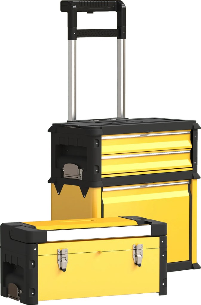 HOMCOM Set de 3 cutii de scule pe roți suprapuse și modulare din oțel cu tavă, mânere și încuietoare, galben | Aosom Romania