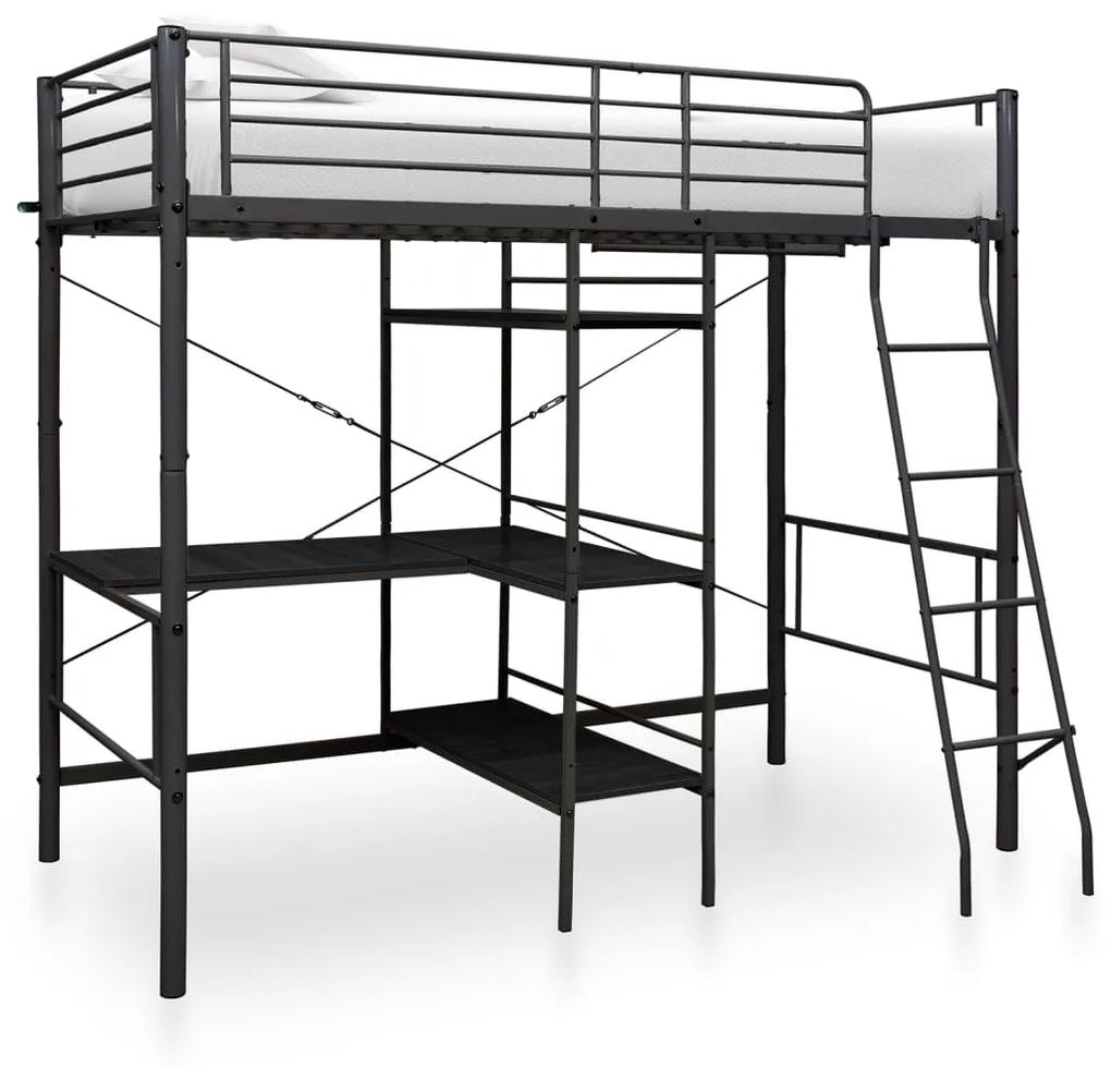 Cadru de pat supraetajat cu masa, negru, 90 x 200 cm, metal Negru, 90 x 200 cm