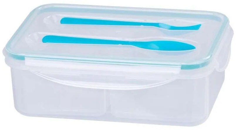 Cutie caserola alimente, plastic, etansa, albastru, 2 compartiment, cu lingura si furculita, 1.5 L,
