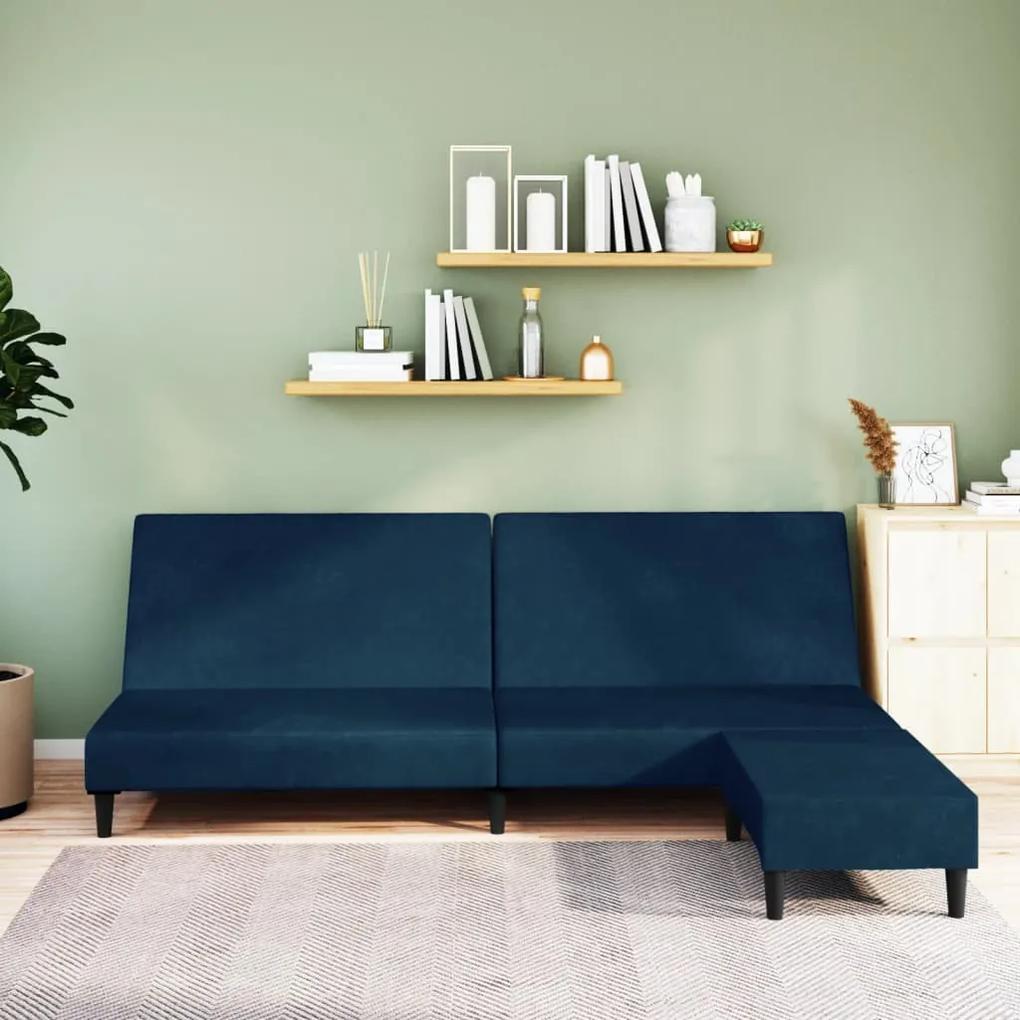 Canapea extensibilă cu taburet, cu 2 locuri, albastru, catifea